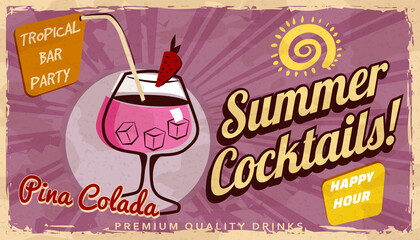 Summer Pina Colada Cocktail Retro banner. Cocktail lounge vintage background, scratched old textured paper - obrazy, fototapety, plakaty
