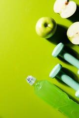 Green Gym Fitness Background. Flat Lay Mockup