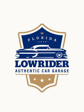 Lowrider logo template. Vintage style vector illustration element for retro design label. Suitable for garage, shops, tires, car wash, car restoration, repair and racing. Authentic car garage logo 