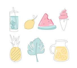 summer food one line set. simple set of drinks and fruits. outline gar with lemonade. Summer snacks in line art. .Vector. linear watermelon