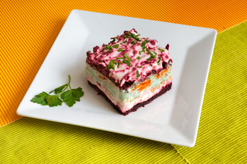  Shuba salad with beetroot, potatoes, carrots and sea kale.