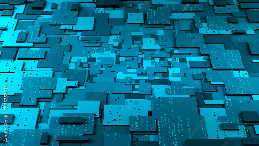 Leinwandbilder Cyber digital data field. Computer circuit of crypto architecture. 3d illustration of blockchain technology high tech scientific future