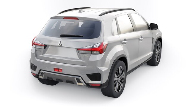 Tokyo. Japan. April 6, 2022. Mitsubishi ASX 2020. Gray compact urban SUV on a white uniform background with a blank body for your design. 3d illustration.