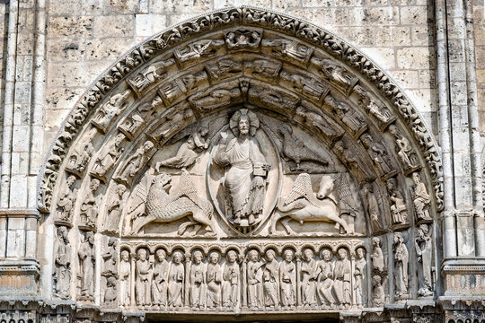 Central tympanum of the Royal portall at Cathedral Our Lady of Chartres, France