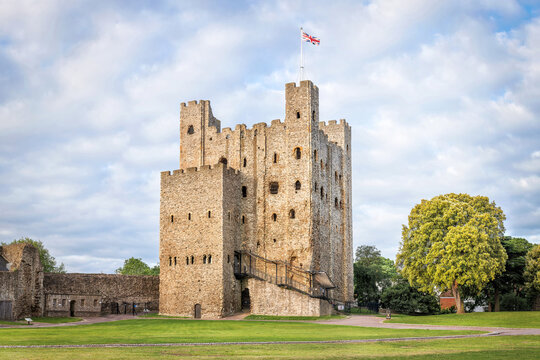 Rochester, United Kingdom - June 9, 2015: View of Rochester castle from grounds. It was founded by the Normans in XI century. Has strategically important location.