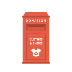 Clothes donation box. Clothing bin or recycle container. Garbage sorting. Volunteering and social care. Zero waste and eco friendly concept. Vector illustration in flat cartoon style.