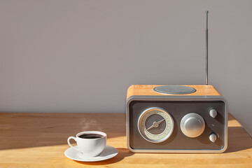 A radio receiver and a cup of coffee on a wooden nightstand in the morning sun.