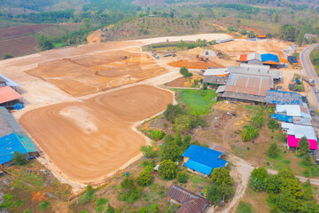 Aerial top view of ground in the land with sand in factory industry for construction site. Arid...