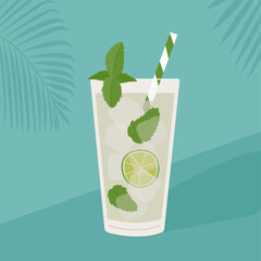 Mojito Cocktail with ice, lime slice and mint leaves. Summer aperitif with rum, lime juice and soda garnished with mint sprig. Alcoholic beverage with straw. Vector illustration on tropical background