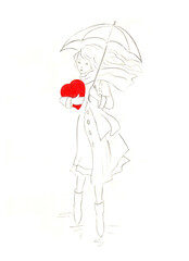 Freehand drawing on paper
girl in the rain with a heart in his hand