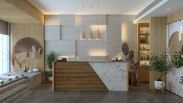 Reception Area Of Modern Spa With Reception Desk, Potted Plants, Decorative Objects And Marble Floor