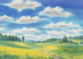Fototapeta na wymiar Summer landscape with a meadow and clouds watercolor background