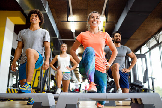 Portrait of happy fit people, friends exercising in gym together. Sport people workout concept