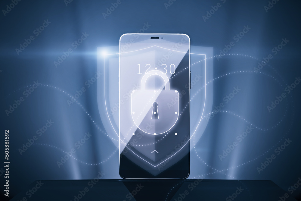 Poster Internet hacking and data protection concept with digital shield with lock sign inside on modern mobile phone background, double exposure. 3D rendering