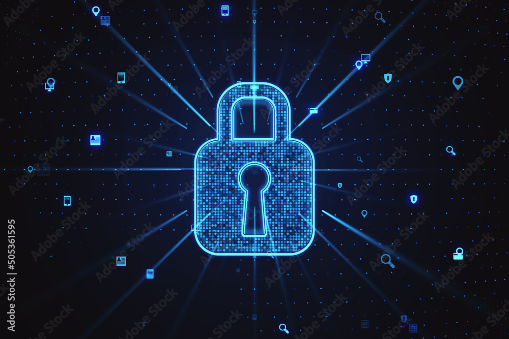 Poster data and information protection concept with digital bright lock sign on abstract technology dark ba