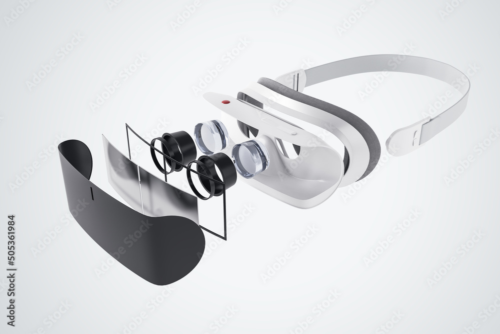 Aufkleber Virtual reality technologies concept with components of modern VR headset on abstract white background, virtual reality concept. 3D rendering