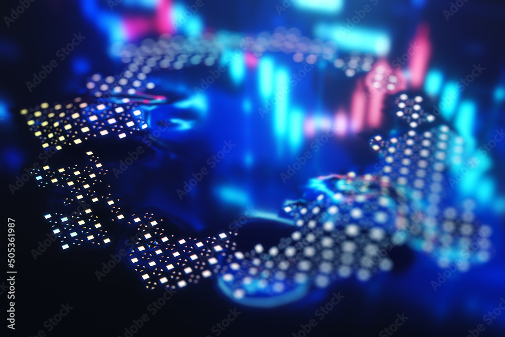 Poster Abstract technology background with bright neon lights and shadows. 3D rendering