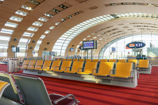 Paris, France, April 1, 2017: Hall of departure in the terminal of Roissy Charles de Gaulle International Airport, Paris, France, is a hub for the French airline Air France