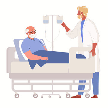 Doctor puts intravenous drip on sick elderly man lying on hospital bed. Concept of healthcare and medicine. Vector characters flat cartoon illustration.