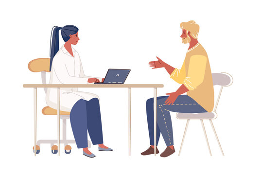Young female doctor in white lab coat with laptop on table consults male patient, makes diagnosis, prescribes treatment. Vector characters flat cartoon illustration.