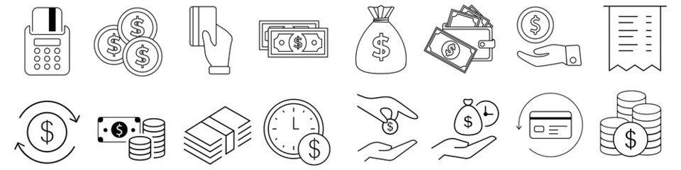 
Money and payment icon vector set. Cash, Wallet and Coins. Account cashback classic illustration sign collection.
