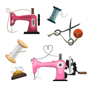 Sewing tools isolated on white background - sewing machine, scissors, thread on spool, meter and pins