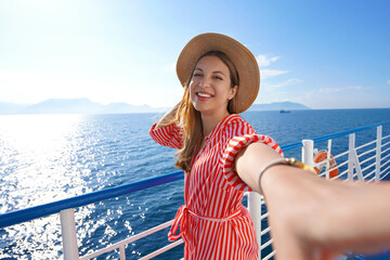 Cruise ship holiday travel vacation. Smiling tourist girl taking selfie on summer holidays...