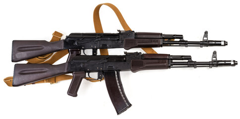 Two soviet assault rifles AK-74 on a white background
