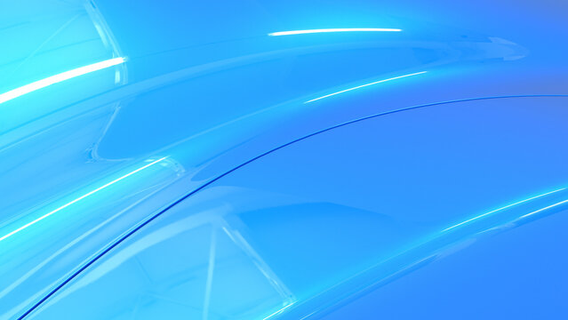 Blue background, metal paintwork texture. Car paint. Reflections in the polished surface of blue lacquer paint. Detail of metal hood. 3d illustration