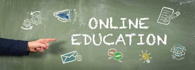 Online Education concept. Illustration and information on a green chalk board