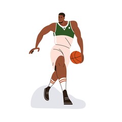 African-American athlete, basketball player going with ball in hand. Strong black man sportsman in uniform, shorts moving, playing sports game. Flat vector illustration isolated on white background