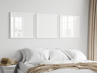 three square frames mockup in modern bedroom interior, 3d render