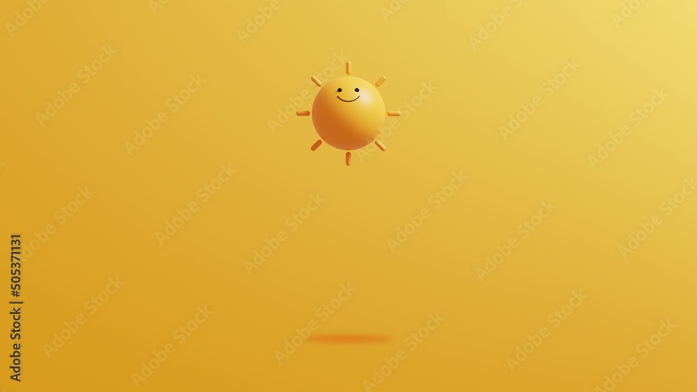 Poster sun on yellow background.colorful summer minimal background with copy space.3d rendering illustratio