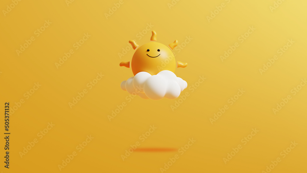 Aufkleber Sun on yellow background.Colorful summer minimal background with copy space.3D Rendering Illustration.