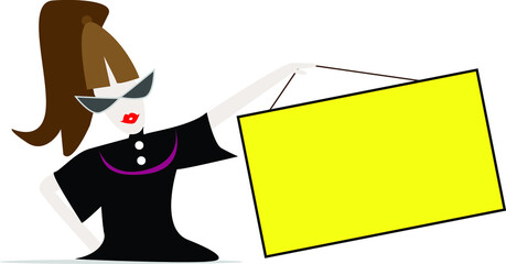 A woman holding a blank big yellow card,copyspace