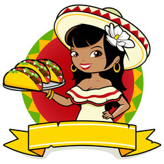 Banner with Mexican waitress serving tacos. Vector illustration
