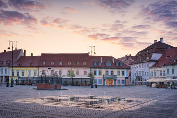 European old town. Sunrise in historical center of Sibiu, Romania