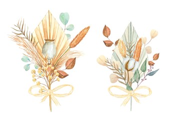 Watercolor bouquets of dried plants and leaves in boho style. © Diasha Art