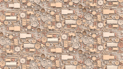 Industrial pattern. 3D render of car details. Light transport background with auto parts, gears, pipes, bunch of auto parts, wheels. Calm, soft palette. 3d illustration