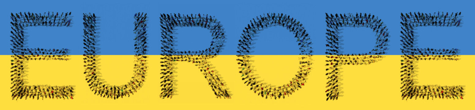 Concept or conceptual community of people forming EUROPE word on Ukrainian flag. 3d illustration metaphor for european military and health care assistance,  compassion, volunteering and donations