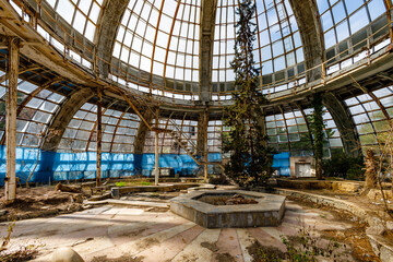 Beautiful abandoned greenhouse. with a fountain