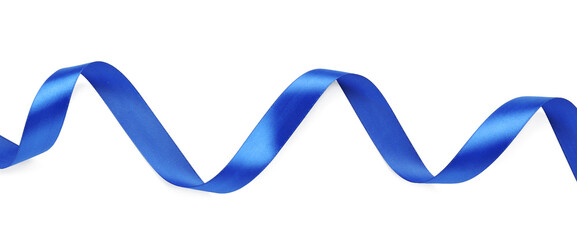 Beautiful blue ribbon isolated on white, top view