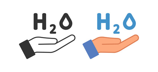H2o on open palm icon. Give water symbol. Sign formula and hand vector.