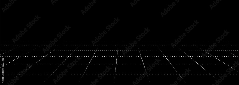 Poster dynamic flow of digital particles. perspective grid of interlaced dots. network connection structure