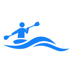 Beach holidays. Logo piragüismo. Oceáno con olas y silueta de hombre en kayak en color azul