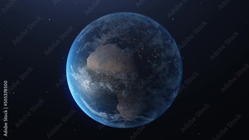 Wall mural day and night on planet earth from space. beautiful animation of the planet with clouds.