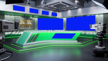 3D rendering Virtual TV Sport Studio News, Backdrop For TV Shows. TV On Wall. Advertising area, workspace mock up.