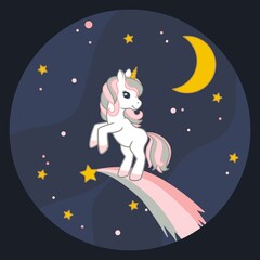 Cute unicorn running on the falling star with the starry sky on background. Round frame. Vector illustration