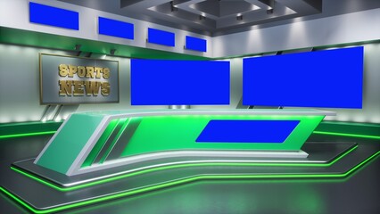 3D rendering Virtual TV Sport Studio News, Backdrop For TV Shows. TV On Wall. Advertising area, workspace mock up.