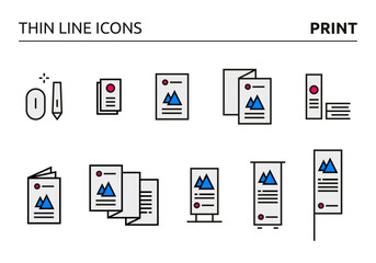 10 print element icons designed in thin line style, color version, can be used for web, print and logo